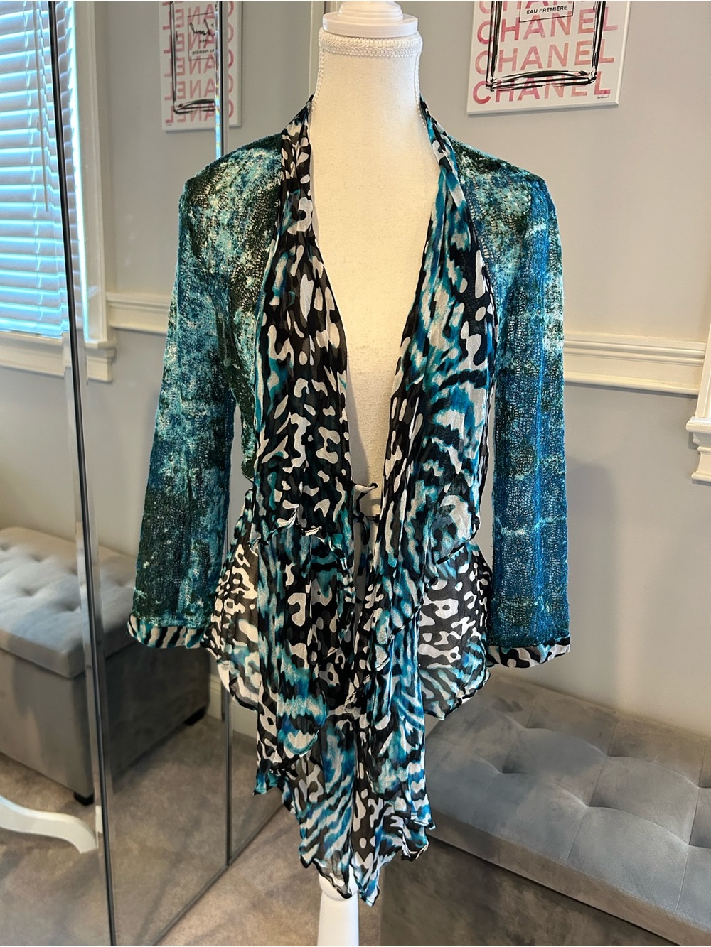 Alberto Makali Silk Vintage Teal & Black Printed Sheer Drape Cardigan Size M